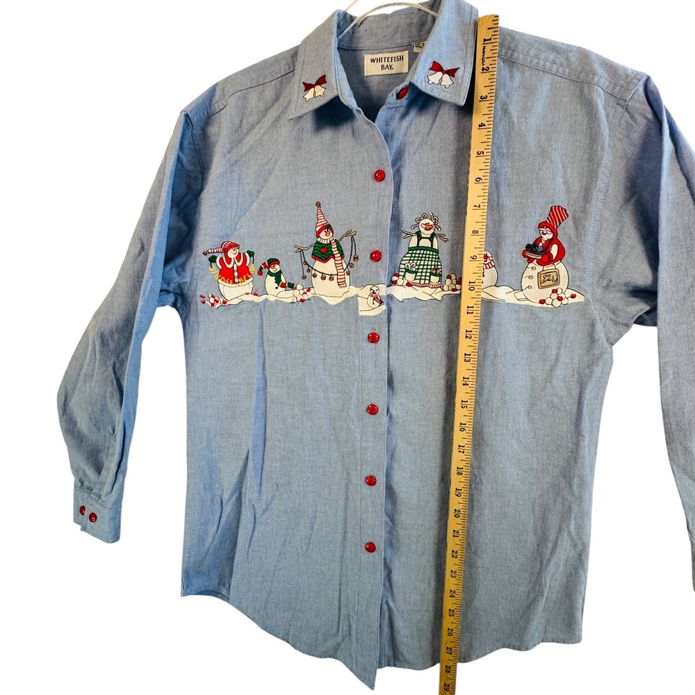 Vtg Christmas Snowman Shirt Chambray Denim Holiday Button Down Top S Festive - Picture 5 of 11
